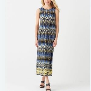 J. Jill Wearever Maxi Sleeveless Knit Dress-Blue/Yellow-Women Size Medium Petite